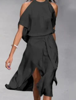 Online Women's A Line Dress Midi Dress White Dress Split Spring Summer cold shoulder Personalized Stylish Elegant Loose Women White Dresses