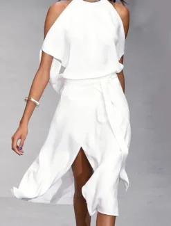 Online Women's A Line Dress Midi Dress White Dress Split Spring Summer cold shoulder Personalized Stylish Elegant Loose Women White Dresses