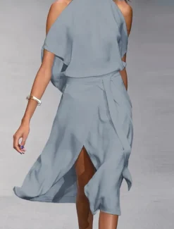 Online Women's A Line Dress Midi Dress White Dress Split Spring Summer cold shoulder Personalized Stylish Elegant Loose Women White Dresses
