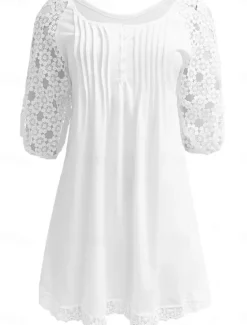 Best Women's A Line Dress Mini Dress Lace Button Date Vacation Elegant Crew Neck Short Sleeve Lantern Sleeve Color Women White Dresses