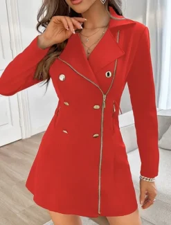 Online Women's A Line Dress Mini Dress Zipper Buttons Elegant V Neck Long Sleeve Black Red Color Women Work Dresses