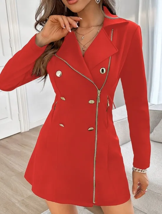 Online Women's A Line Dress Mini Dress Zipper Buttons Elegant V Neck Long Sleeve Black Red Color Women Work Dresses