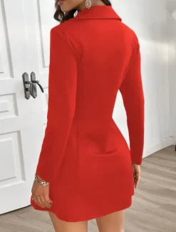 Online Women's A Line Dress Mini Dress Zipper Buttons Elegant V Neck Long Sleeve Black Red Color Women Work Dresses