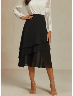 Outlet Women's A Line Elegant Midi High Waist Skirts Plain Irregular Hem Chiffon Inelastic Causal Daily Satin black Black Summer Chiffon Women Skirts