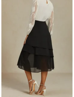 Outlet Women's A Line Elegant Midi High Waist Skirts Plain Irregular Hem Chiffon Inelastic Causal Daily Satin black Black Summer Chiffon Women Skirts