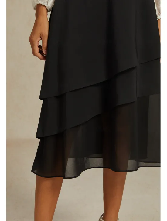 Outlet Women's A Line Elegant Midi High Waist Skirts Plain Irregular Hem Chiffon Inelastic Causal Daily Satin black Black Summer Chiffon Women Skirts