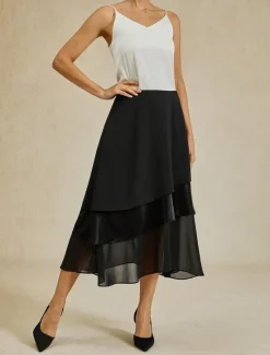 Outlet Women's A Line Elegant Midi High Waist Skirts Plain Irregular Hem Chiffon Inelastic Causal Daily Satin black Black Summer Chiffon Women Skirts