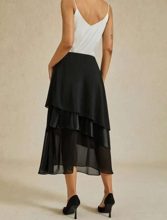 Outlet Women's A Line Elegant Midi High Waist Skirts Plain Irregular Hem Chiffon Inelastic Causal Daily Satin black Black Summer Chiffon Women Skirts