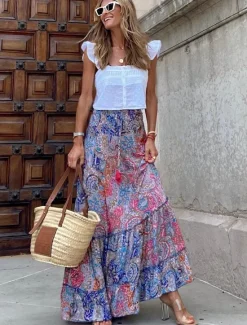 Sale Women's A Line Swing Long Skirt Bohemia Maxi Skirts Print Floral Graphic Holiday Casual Daily Spring & Summer Fashion Bohemian Boho Women Skirts