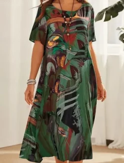 Women's Abstract Print Crew Neck Midi Dress Casual Daily Short Sleeve Summer Women T Shirt Dresses