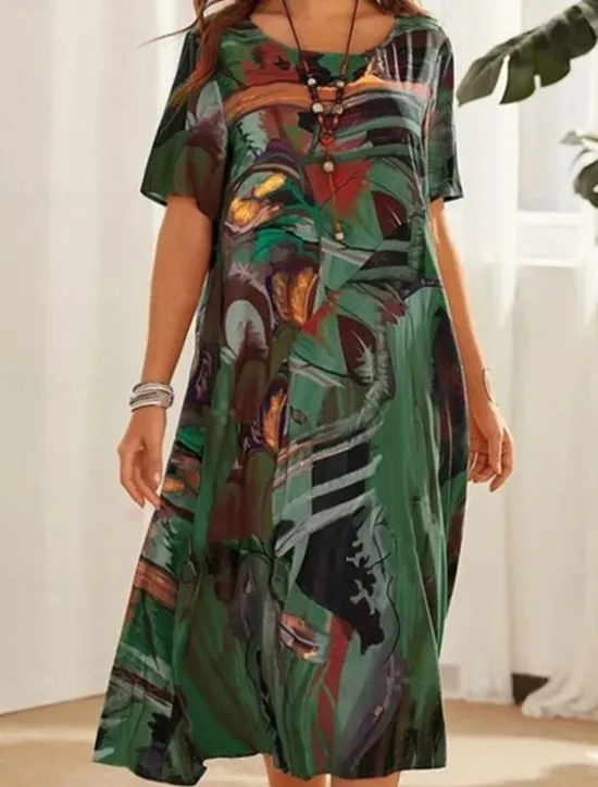 Women's Abstract Print Crew Neck Midi Dress Casual Daily Short Sleeve Summer Women T Shirt Dresses