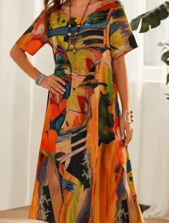 Women's Abstract Print Crew Neck Midi Dress Casual Daily Short Sleeve Summer Women T Shirt Dresses