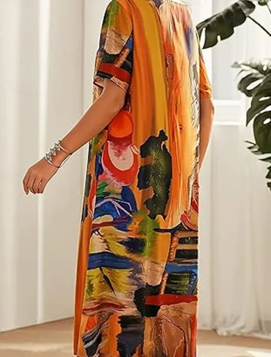 Women's Abstract Print Crew Neck Midi Dress Casual Daily Short Sleeve Summer Women T Shirt Dresses