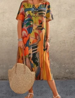 Women's Abstract Print Crew Neck Midi Dress Casual Daily Short Sleeve Summer Women T Shirt Dresses