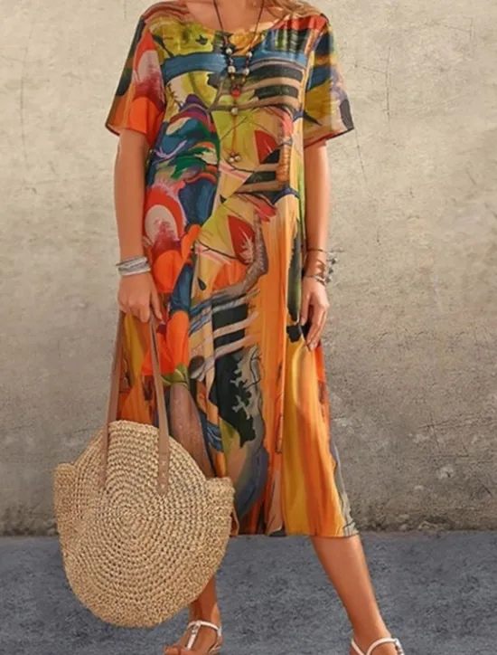 Women's Abstract Print Crew Neck Midi Dress Casual Daily Short Sleeve Summer Women T Shirt Dresses