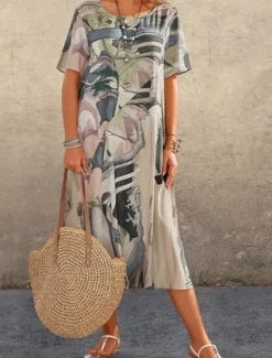 Women's Abstract Print Crew Neck Midi Dress Casual Daily Short Sleeve Summer Women T Shirt Dresses