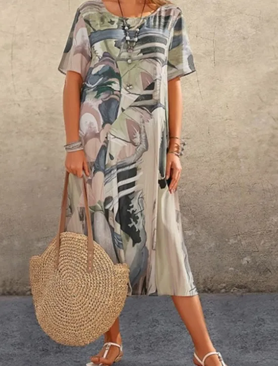 Women's Abstract Print Crew Neck Midi Dress Casual Daily Short Sleeve Summer Women T Shirt Dresses
