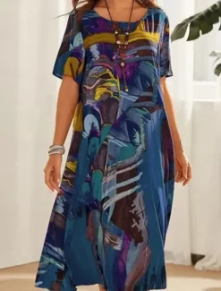Women's Abstract Print Crew Neck Midi Dress Casual Daily Short Sleeve Summer Women T Shirt Dresses