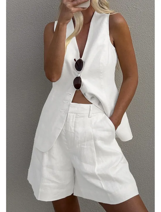 Outlet Women's Active Basic Blouse Shorts Sets Sleeveless V Neck Solid Color Dubbele Rij Knopen Casual Daily Weekend Black White Brown Summer Regular Fit Women Two Piece Sets