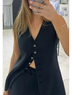 Outlet Women's Active Basic Blouse Shorts Sets Sleeveless V Neck Solid Color Dubbele Rij Knopen Casual Daily Weekend Black White Brown Summer Regular Fit Women Two Piece Sets
