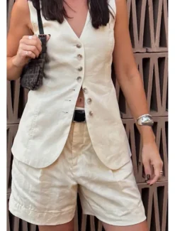 Outlet Women's Active Basic Blouse Shorts Sets Sleeveless V Neck Solid Color Dubbele Rij Knopen Casual Daily Weekend Black White Brown Summer Regular Fit Women Two Piece Sets