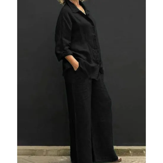 New Women's Active Basic Cotton Linen Sets Long Sleeve Shirt Collar Solid Color Casual Daily Black White Yellow Summer Regular Fit Women Sets