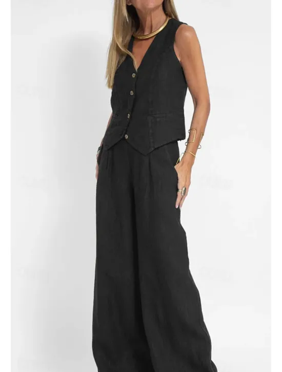Clearance Women's Active Basic Linen-Inspired Sets Two Piece Sets Blouse Sleeveless V Neck Solid Color Dubbele Rij Knopen Vacation Casual Daily Black White Wine Summer Regular Fit Women Sets