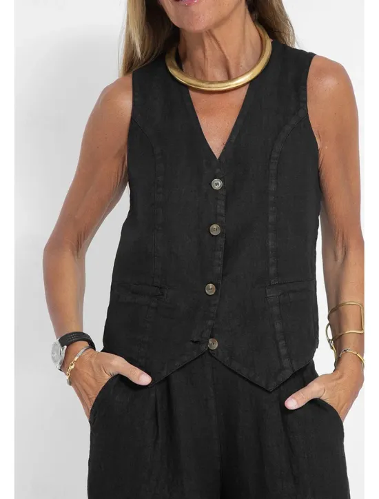 Clearance Women's Active Basic Linen-Inspired Sets Two Piece Sets Blouse Sleeveless V Neck Solid Color Dubbele Rij Knopen Vacation Casual Daily Black White Wine Summer Regular Fit Women Sets