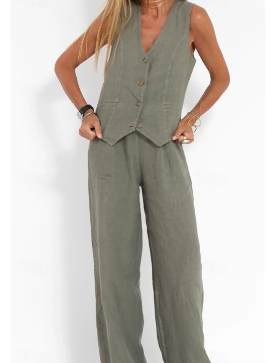 Clearance Women's Active Basic Linen-Inspired Sets Two Piece Sets Blouse Sleeveless V Neck Solid Color Dubbele Rij Knopen Vacation Casual Daily Black White Wine Summer Regular Fit Women Sets