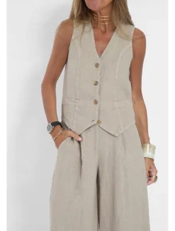 Clearance Women's Active Basic Linen-Inspired Sets Two Piece Sets Blouse Sleeveless V Neck Solid Color Dubbele Rij Knopen Vacation Casual Daily Black White Wine Summer Regular Fit Women Sets
