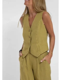 Clearance Women's Active Basic Linen-Inspired Sets Two Piece Sets Blouse Sleeveless V Neck Solid Color Dubbele Rij Knopen Vacation Casual Daily Black White Wine Summer Regular Fit Women Sets