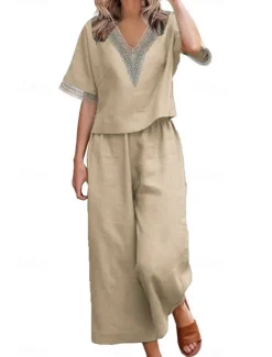 Outlet Women's Active Basic Linen-Inspired Sets Two Piece Sets Blouse Half Sleeve V Neck Solid Color Patchwork Holiday Dark Grey Black Dark Navy Summer Regular Fit Women Sets