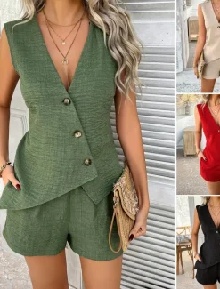 Online Women's Active Basic Linen-Inspired Sets Two Piece Sets Vest Sleeveless V Neck Solid Color Casual Daily Black Red Green Summer Regular Fit Women Sets