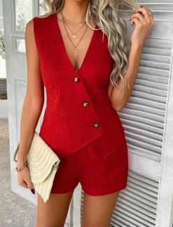 Online Women's Active Basic Linen-Inspired Sets Two Piece Sets Vest Sleeveless V Neck Solid Color Casual Daily Black Red Green Summer Regular Fit Women Sets