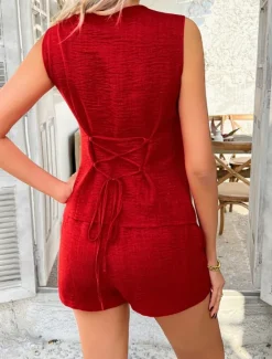Online Women's Active Basic Linen-Inspired Sets Two Piece Sets Vest Sleeveless V Neck Solid Color Casual Daily Black Red Green Summer Regular Fit Women Sets