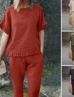 Clearance Women's Active Basic Linen-Inspired Sets Two Piece Sets Blouse Short Sleeve Crew Neck Solid Color Drawstring Vacation Casual Daily Black Army Green Red Summer Regular Fit Women Sets