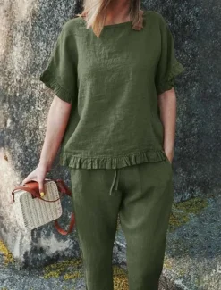 Clearance Women's Active Basic Linen-Inspired Sets Two Piece Sets Blouse Short Sleeve Crew Neck Solid Color Drawstring Vacation Casual Daily Black Army Green Red Summer Regular Fit Women Sets