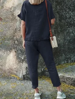 Clearance Women's Active Basic Linen-Inspired Sets Two Piece Sets Blouse Short Sleeve Crew Neck Solid Color Drawstring Vacation Casual Daily Black Army Green Red Summer Regular Fit Women Sets
