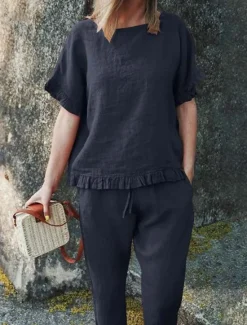 Clearance Women's Active Basic Linen-Inspired Sets Two Piece Sets Blouse Short Sleeve Crew Neck Solid Color Drawstring Vacation Casual Daily Black Army Green Red Summer Regular Fit Women Sets