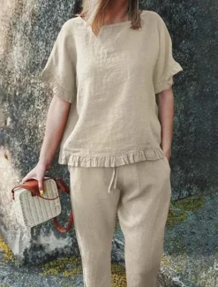 Clearance Women's Active Basic Linen-Inspired Sets Two Piece Sets Blouse Short Sleeve Crew Neck Solid Color Drawstring Vacation Casual Daily Black Army Green Red Summer Regular Fit Women Sets