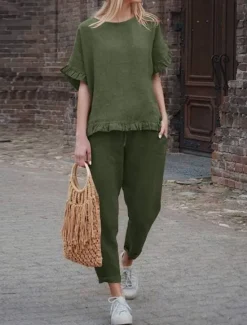 Clearance Women's Active Basic Linen-Inspired Sets Two Piece Sets Blouse Short Sleeve Crew Neck Solid Color Drawstring Vacation Casual Daily Black Army Green Red Summer Regular Fit Women Sets