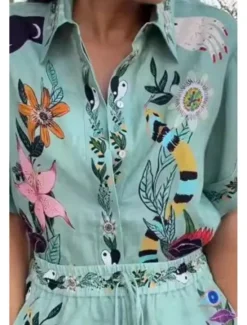 Outlet Women's Active Basic Shirt Linen-Inspired Sets Two Piece Sets Short Sleeve Shirt Collar Floral Print Holiday Casual Daily Weekend Summer Regular Fit Women Two Piece Sets|Sets