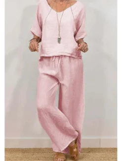 Clearance Women's Active Basic Shirt Linen-Inspired Sets Two Piece Sets Half Sleeve V Neck Solid Color Drawstring Holiday Casual Daily Black Pink Green Summer Regular Fit Women Sets