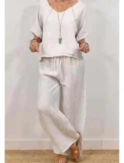 Clearance Women's Active Basic Shirt Linen-Inspired Sets Two Piece Sets Half Sleeve V Neck Solid Color Drawstring Holiday Casual Daily Black Pink Green Summer Regular Fit Women Sets