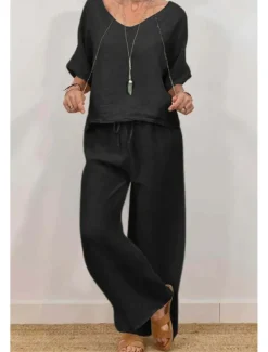 Clearance Women's Active Basic Shirt Linen-Inspired Sets Two Piece Sets Half Sleeve V Neck Solid Color Drawstring Holiday Casual Daily Black Pink Green Summer Regular Fit Women Sets