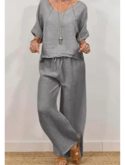 Clearance Women's Active Basic Shirt Linen-Inspired Sets Two Piece Sets Half Sleeve V Neck Solid Color Drawstring Holiday Casual Daily Black Pink Green Summer Regular Fit Women Sets