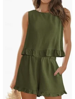 Online Women's Active Basic Shorts Sets Sleeveless Crew Neck Solid Color Ruched Casual Daily Weekend Black Wine Army Green Summer Regular Fit Women Two Piece Sets