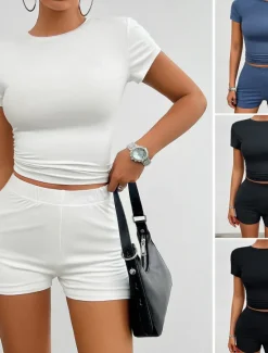 Hot Women's Active Basic T Shirt Shorts Sets Short Sleeve Crew Neck Solid Color Casual Daily Dark Grey Black White Summer Slim Women Two Piece Sets|Women's Tracksuit