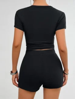 Hot Women's Active Basic T Shirt Shorts Sets Short Sleeve Crew Neck Solid Color Casual Daily Dark Grey Black White Summer Slim Women Two Piece Sets|Women's Tracksuit