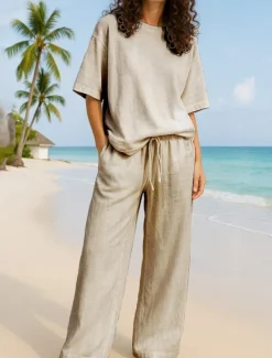 Discount Women's Active Basic Two Piece Sets Pants Sets Half Sleeve Crew Neck Solid Color Casual Daily Navy Blue Brown Green Summer Regular Fit Women Sets